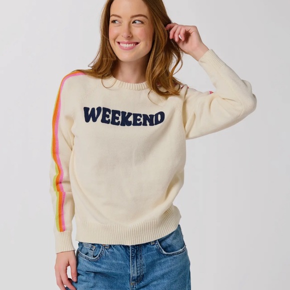 Cream Weekend Knit Sweater With Blue Lettering & Pink, Orange & Yellow Stripes - Picture 4 of 4